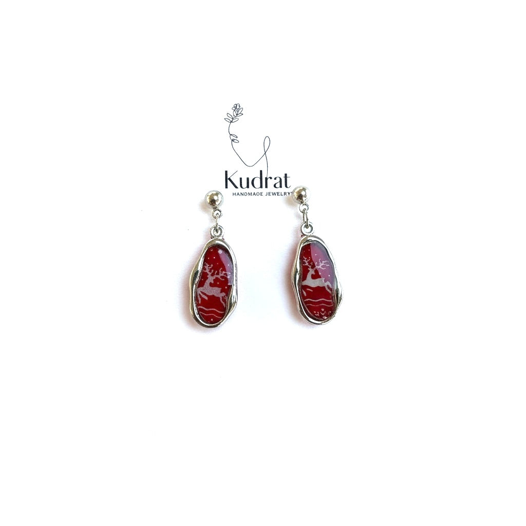 Red Reindeer Drop Earrings – Elegant Holiday Jewelry, Christmas Dangle Earrings