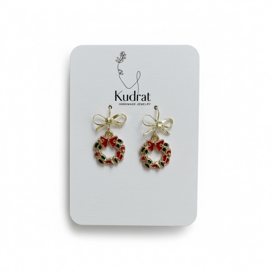Holiday Wreath Earrings – Gold Bow Dangles, Red & Green Christmas Accessory