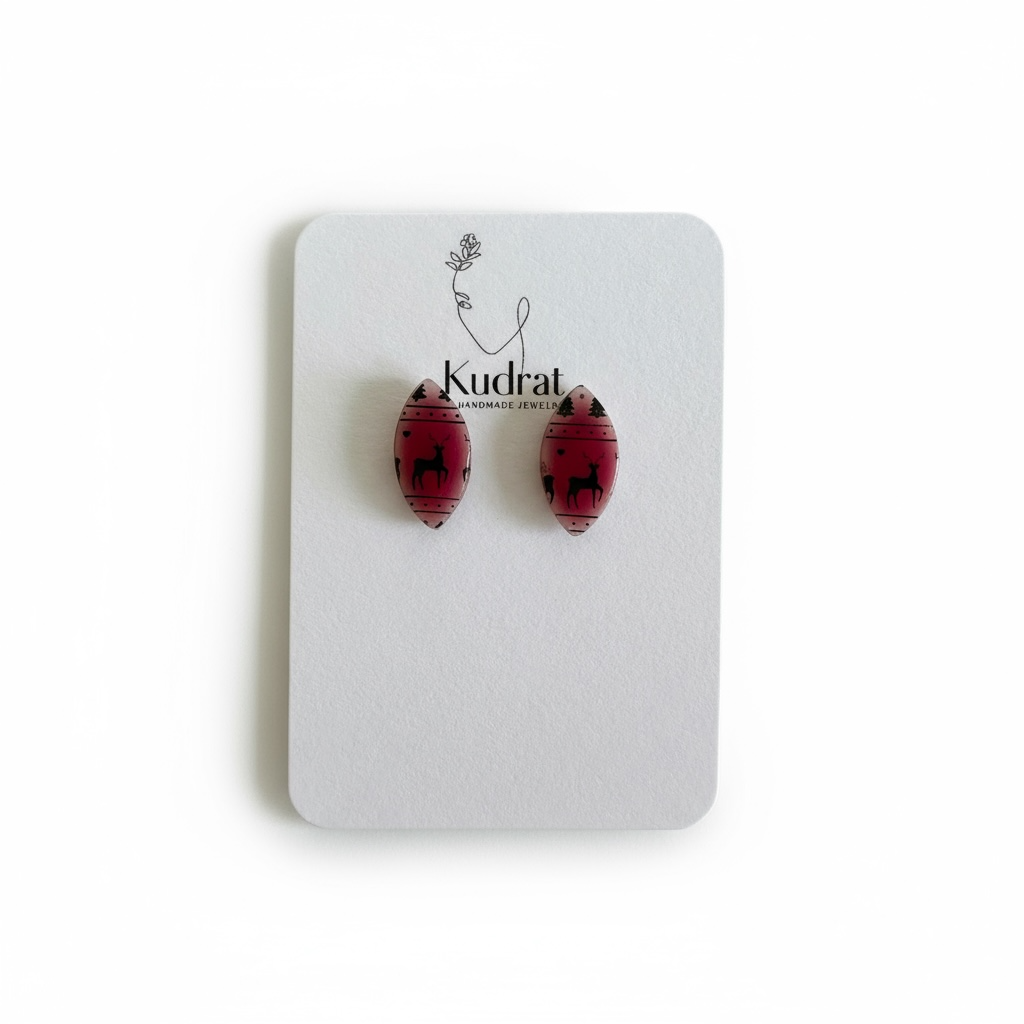 Crimson Reindeer Mini Studs - Holiday Oval Studs, Winter Reindeer Earrings, Handmade Christmas Jewelry, Festive Gift for Her