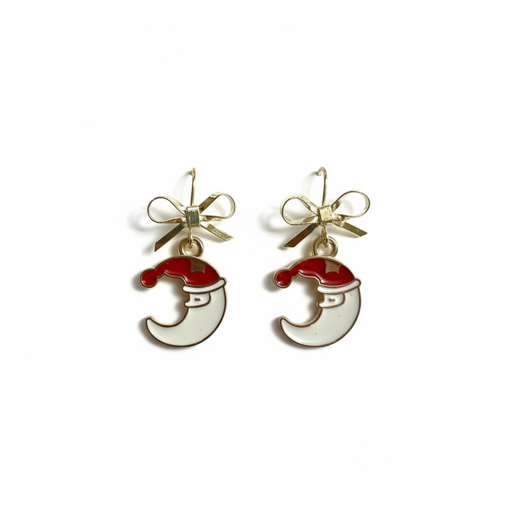 Santa Hat Moon Earrings – Whimsical Christmas Dangles, Gift for Her