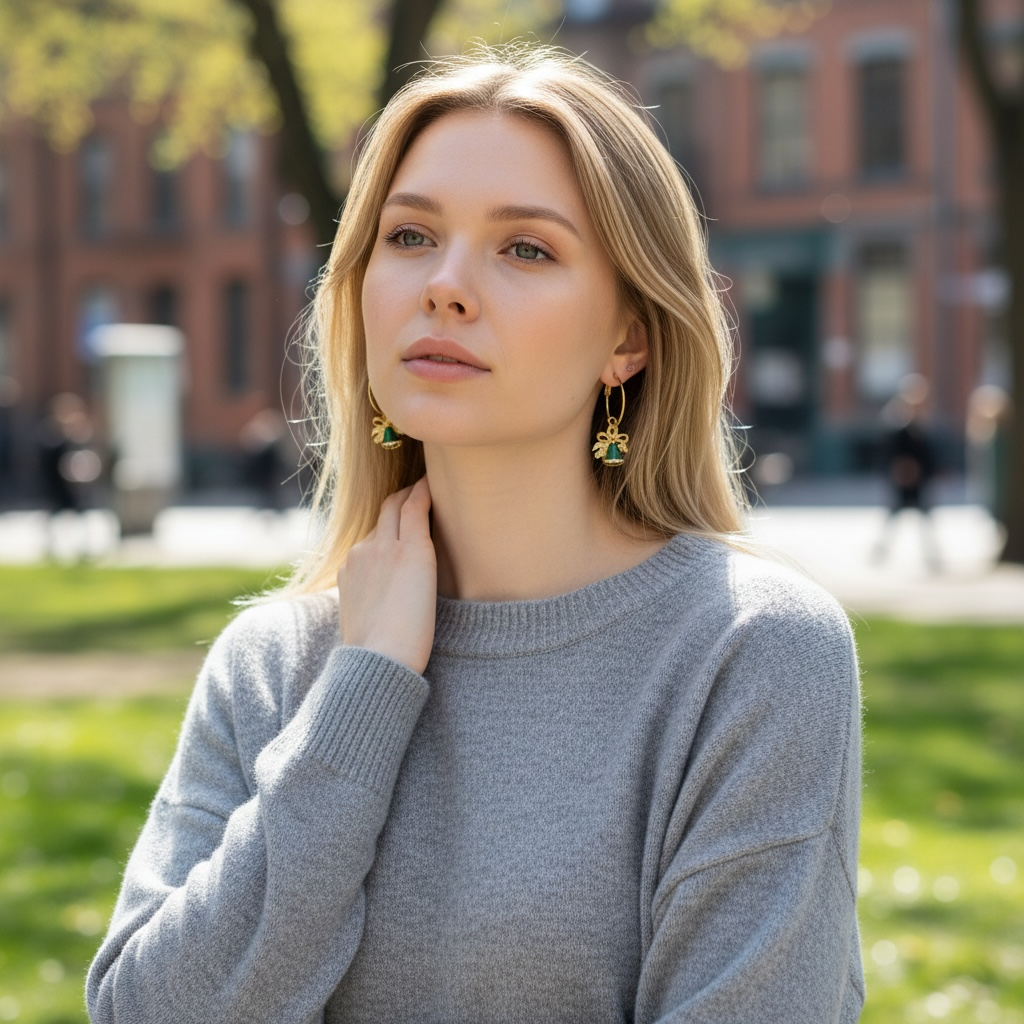 Green Bell Earrings – Gold Holiday Dangles, Christmas Jewelry