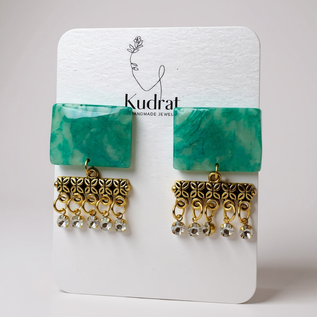 Green Marble & Gold Floral Drop Earrings