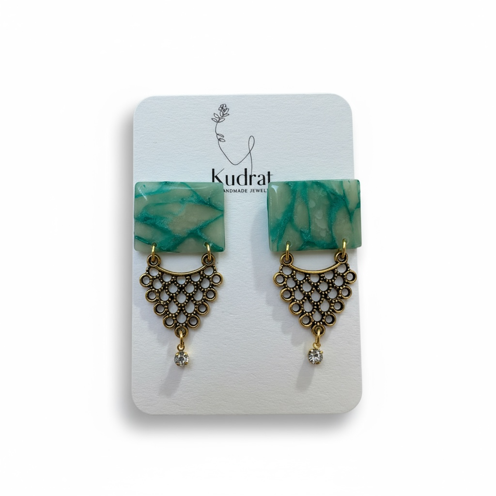 Green Marble & Antique Gold Geometric Earrings