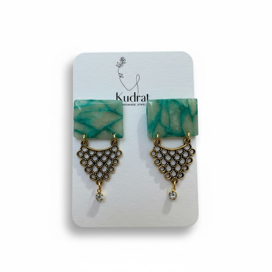 Green Marble & Antique Gold Geometric Earrings