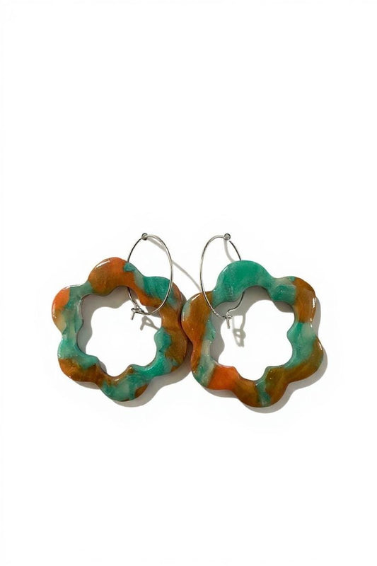 Turquoise Tide Flower Hoops | Handmade Polymer Clay Earrings | Lightweight Jewelry | Modern Colorful Earring
