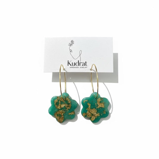 Golden Teal Blossom Hoops | Handmade Polymer Clay Earrings | Green and Gold Statement Hoops | Lightweight Boho Jewelry | Gift for Her