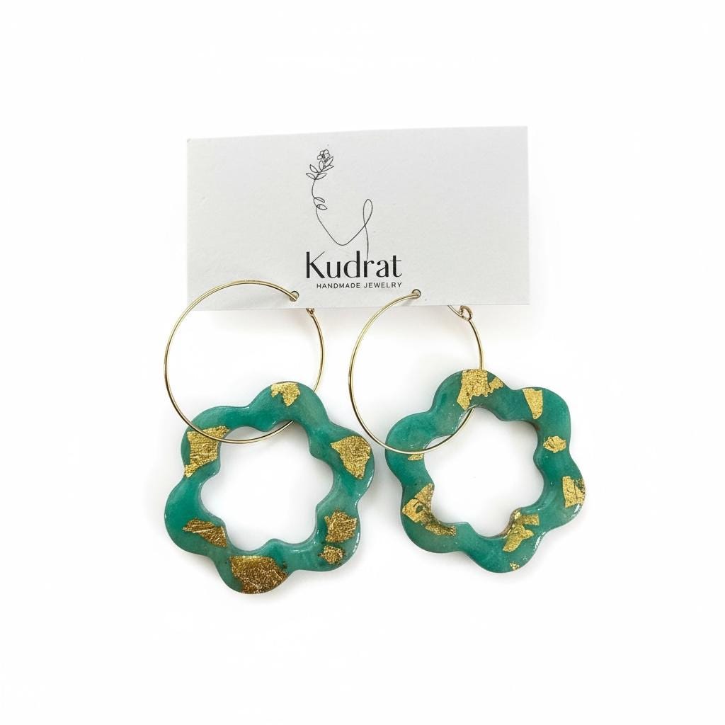 Turquoise Tide Flower Hoops | Handmade Polymer Clay Earrings with gold leaf | Lightweight Jewelry | Statement Hoops