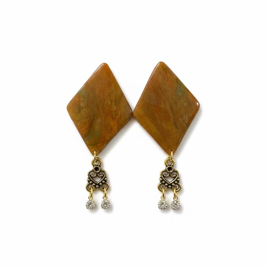 Golden Earth Polymer Clay Earrings: Marbled Diamond Dangles