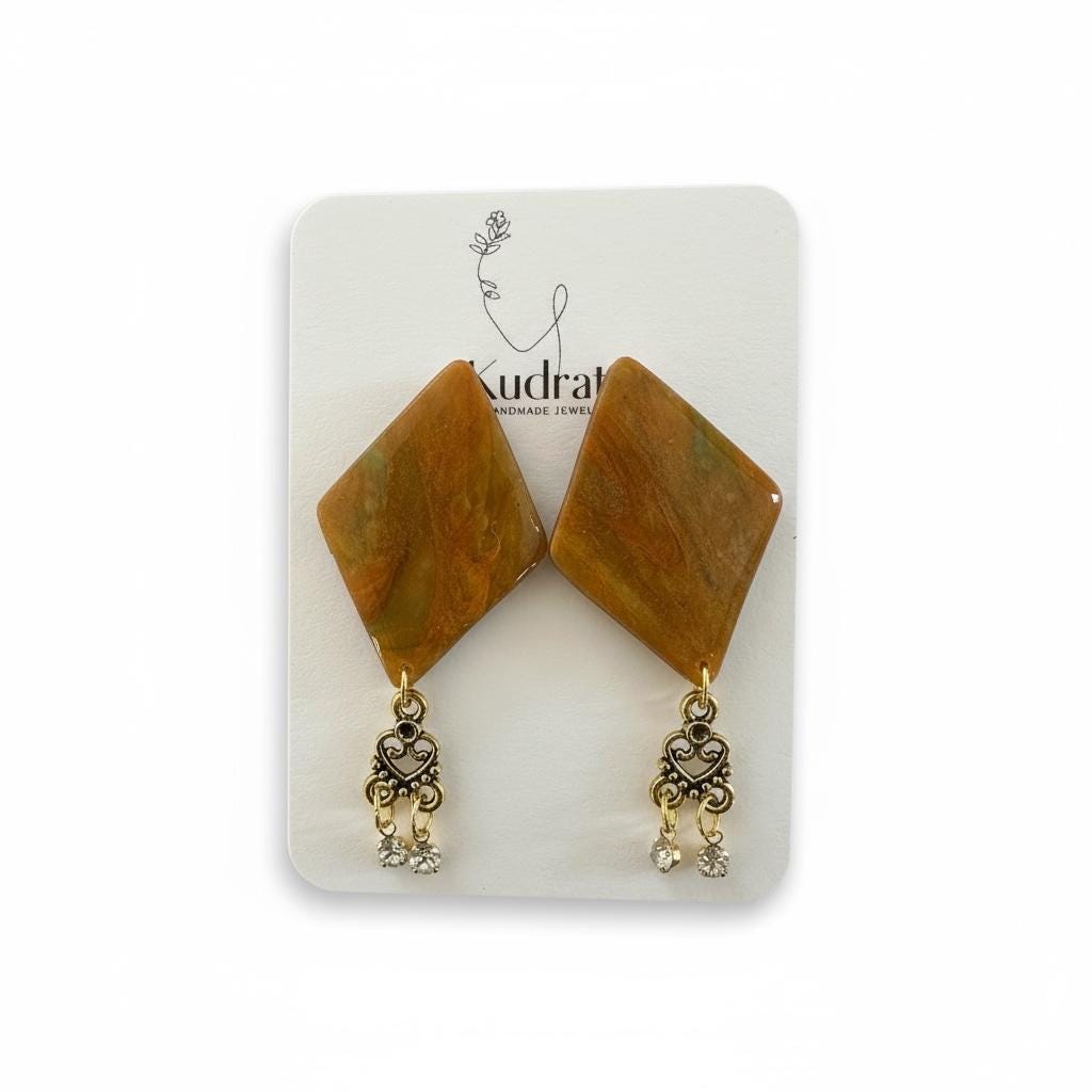 Golden Earth Polymer Clay Earrings: Marbled Diamond Dangles