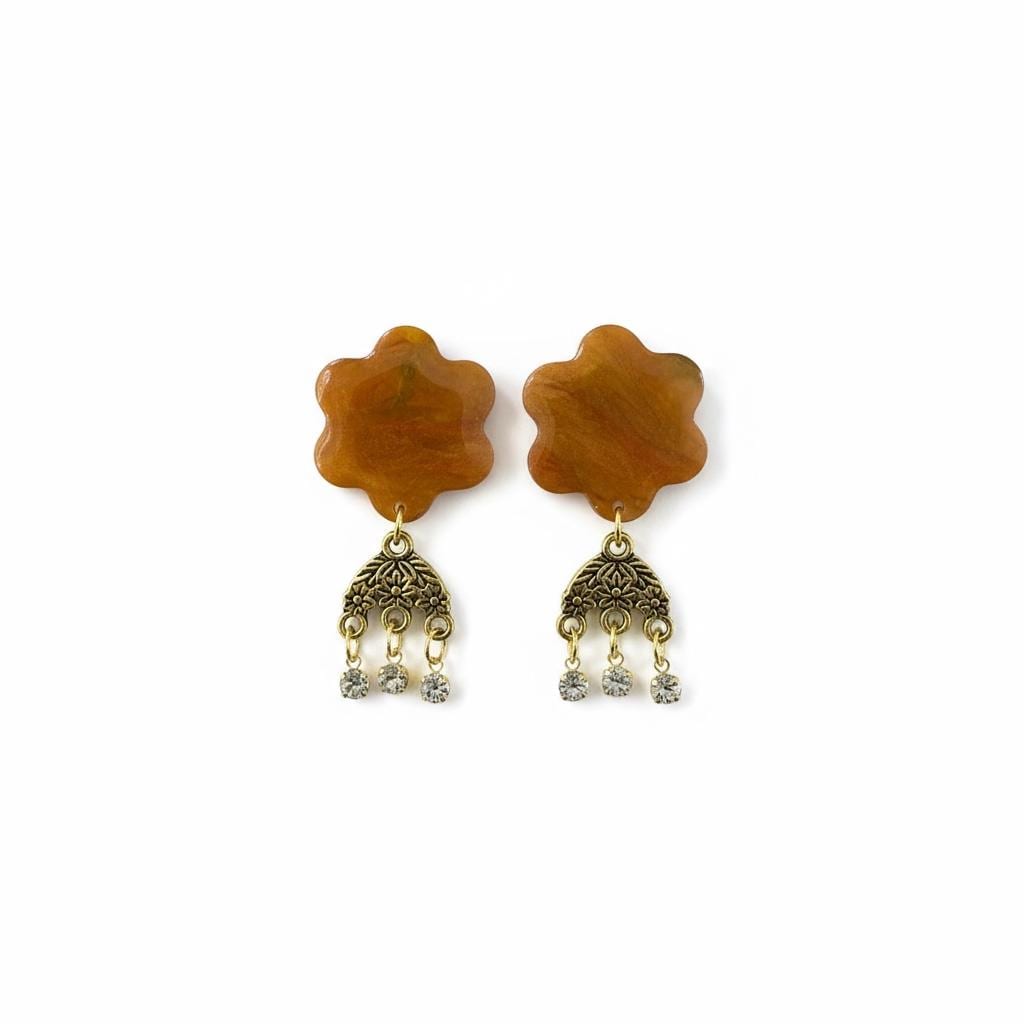Golden Marigold Bloom Earrings – Handmade Polymer Clay Earrings with Antique Gold Charms and Crystals