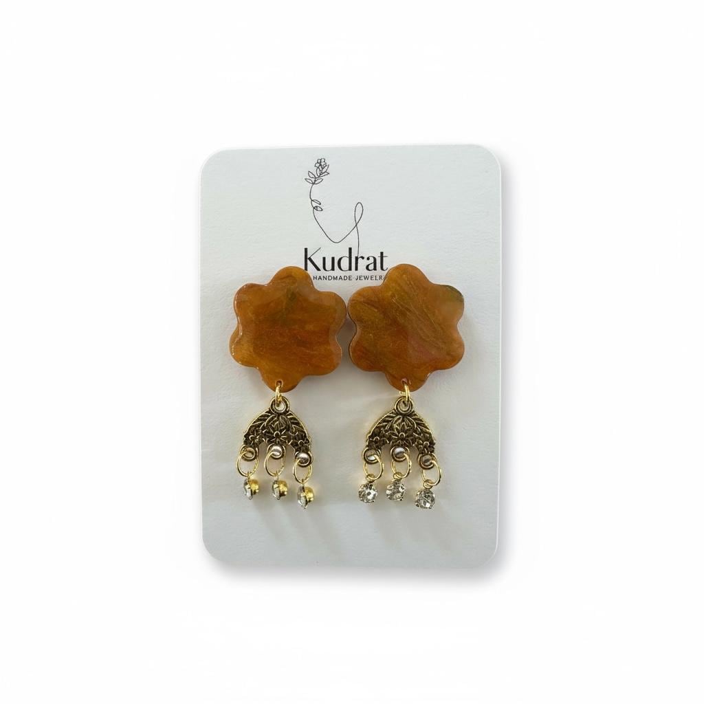 Golden Marigold Bloom Earrings – Handmade Polymer Clay Earrings with Antique Gold Charms and Crystals