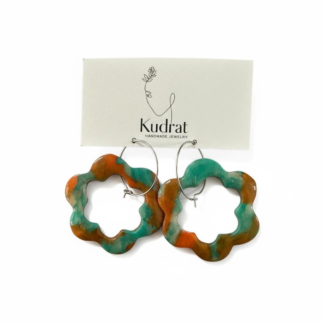 Turquoise Tide Flower Hoops | Handmade Polymer Clay Earrings | Lightweight Jewelry | Modern Colorful Earring