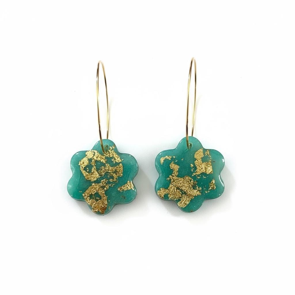 Golden Teal Blossom Hoops | Handmade Polymer Clay Earrings | Green and Gold Statement Hoops | Lightweight Boho Jewelry | Gift for Her
