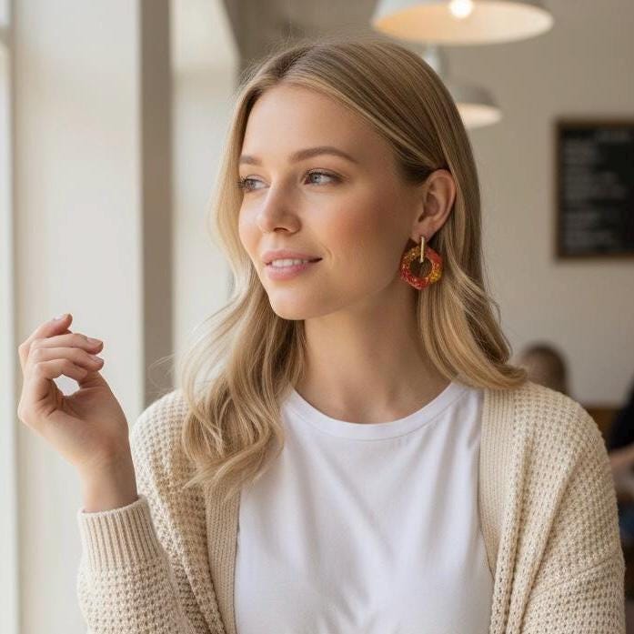 Crimson Ember Dangle Earrings | Handmade Polymer Clay Earrings | Red and Gold Statement Jewelry | Modern Geometric Dangles | Gift for Her